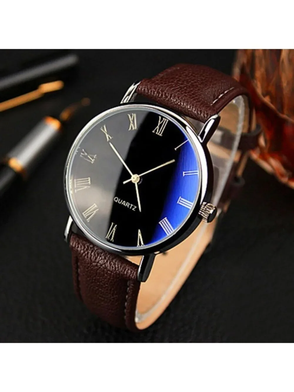 Men's Brown Analog Quartz Simple Solid Leather Band Casual Classic Wrist Watch
